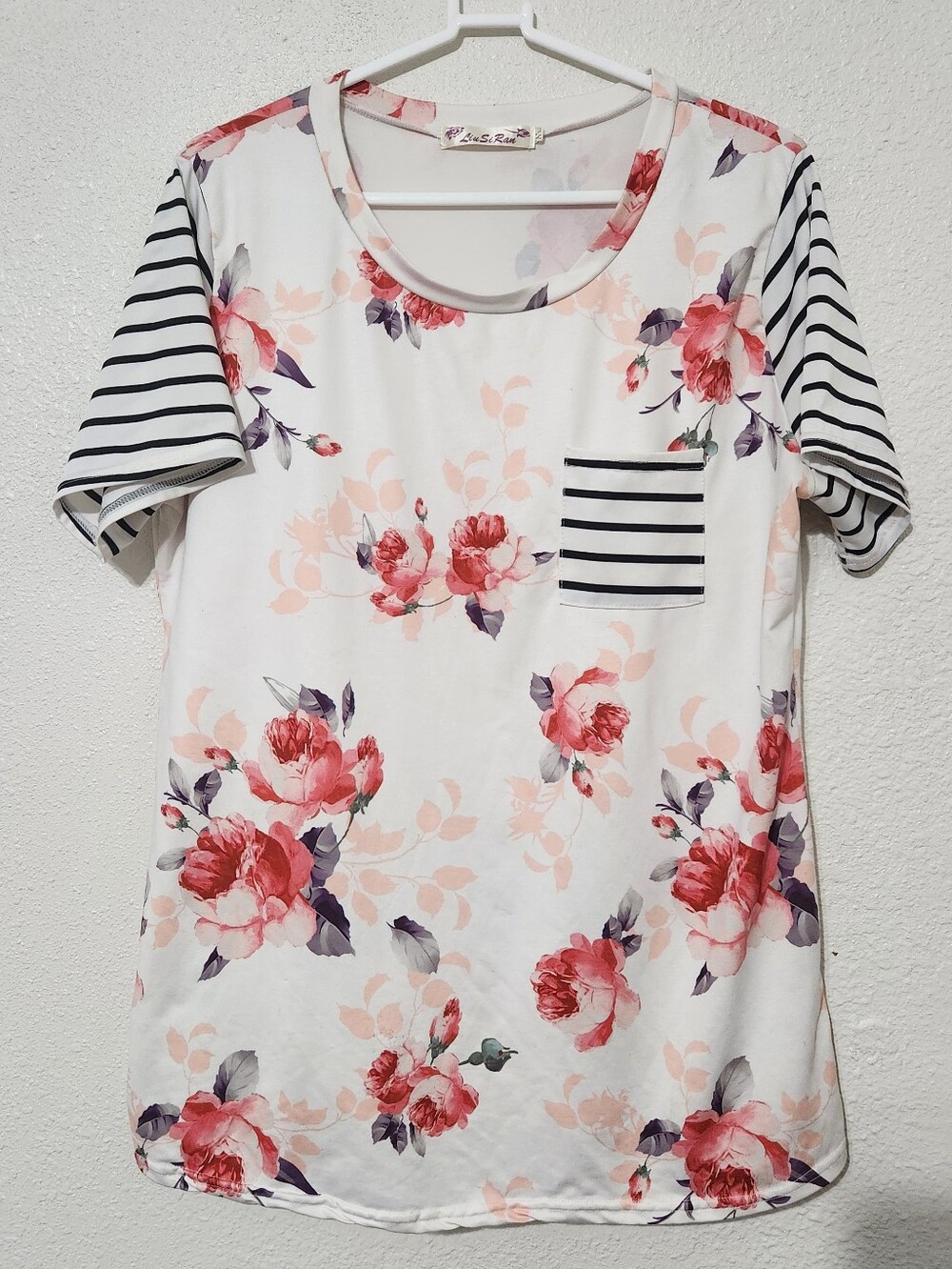 Floral Pocket Tee with Striped Sleeves - White with Pink Floral